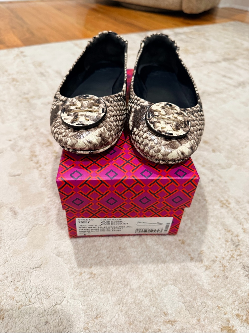 Tory Burch Neutral Snake-Print Minnie Flats with Logo Medallion